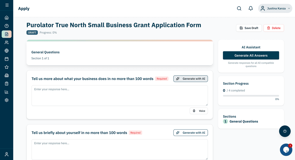 AI grant writing assistant showing real-time suggestions and improvements