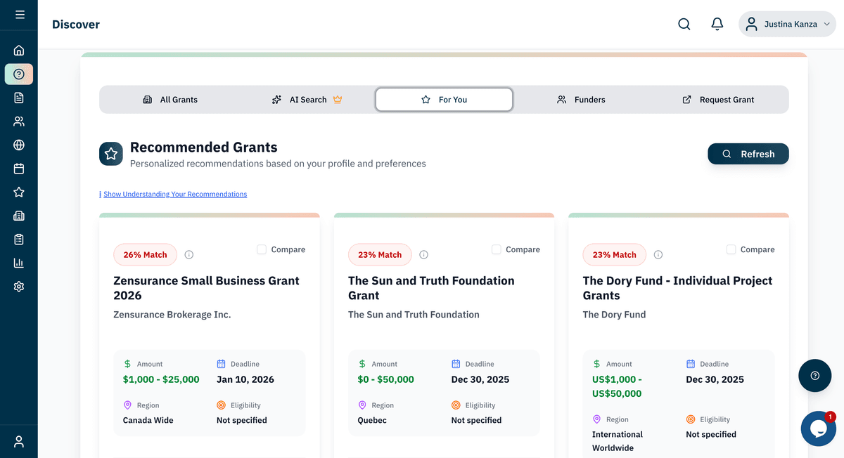 AI-powered grant recommendations interface